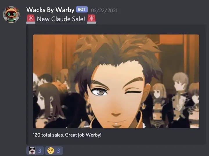 Discord message reporting an Etsy sale and showing a gif from Fire Emblem: Three Houses